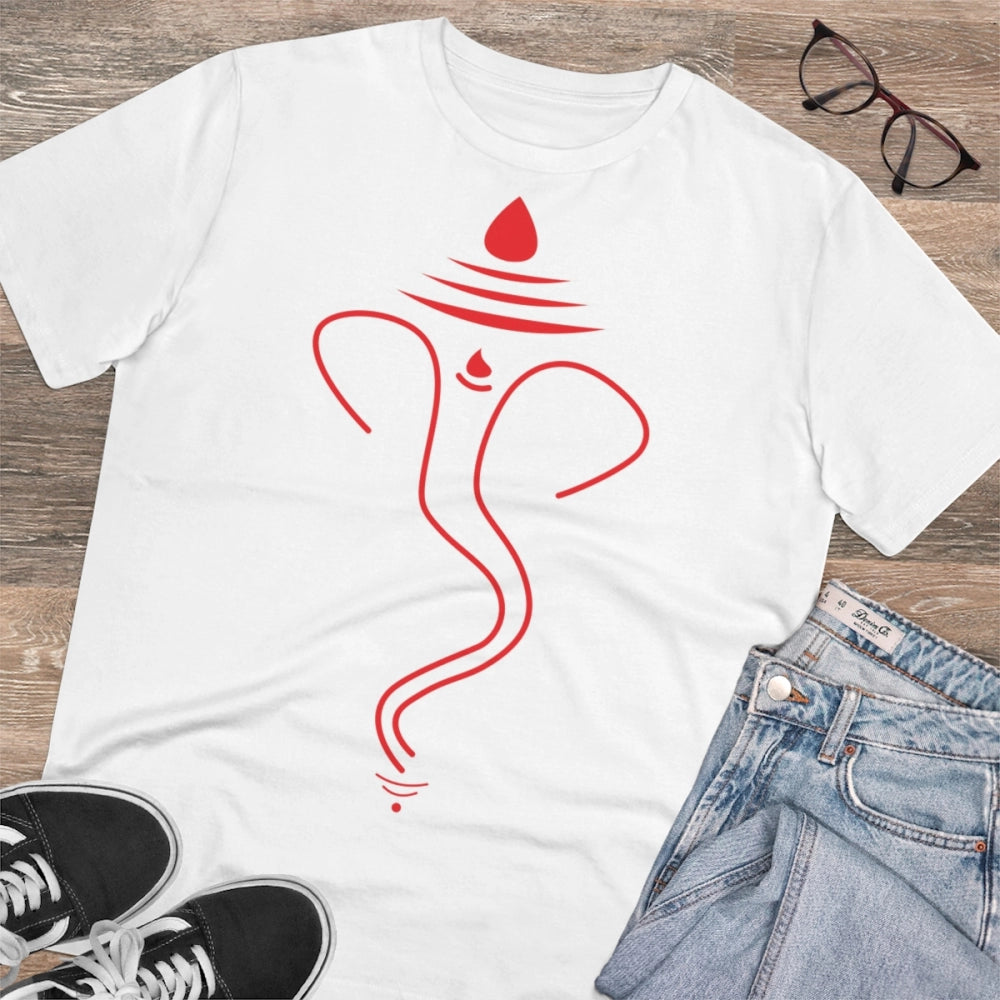 HamariDookan Men's PC Cotton Ganesh Printed T Shirt (Color: White, Thread Count: 180GSM)