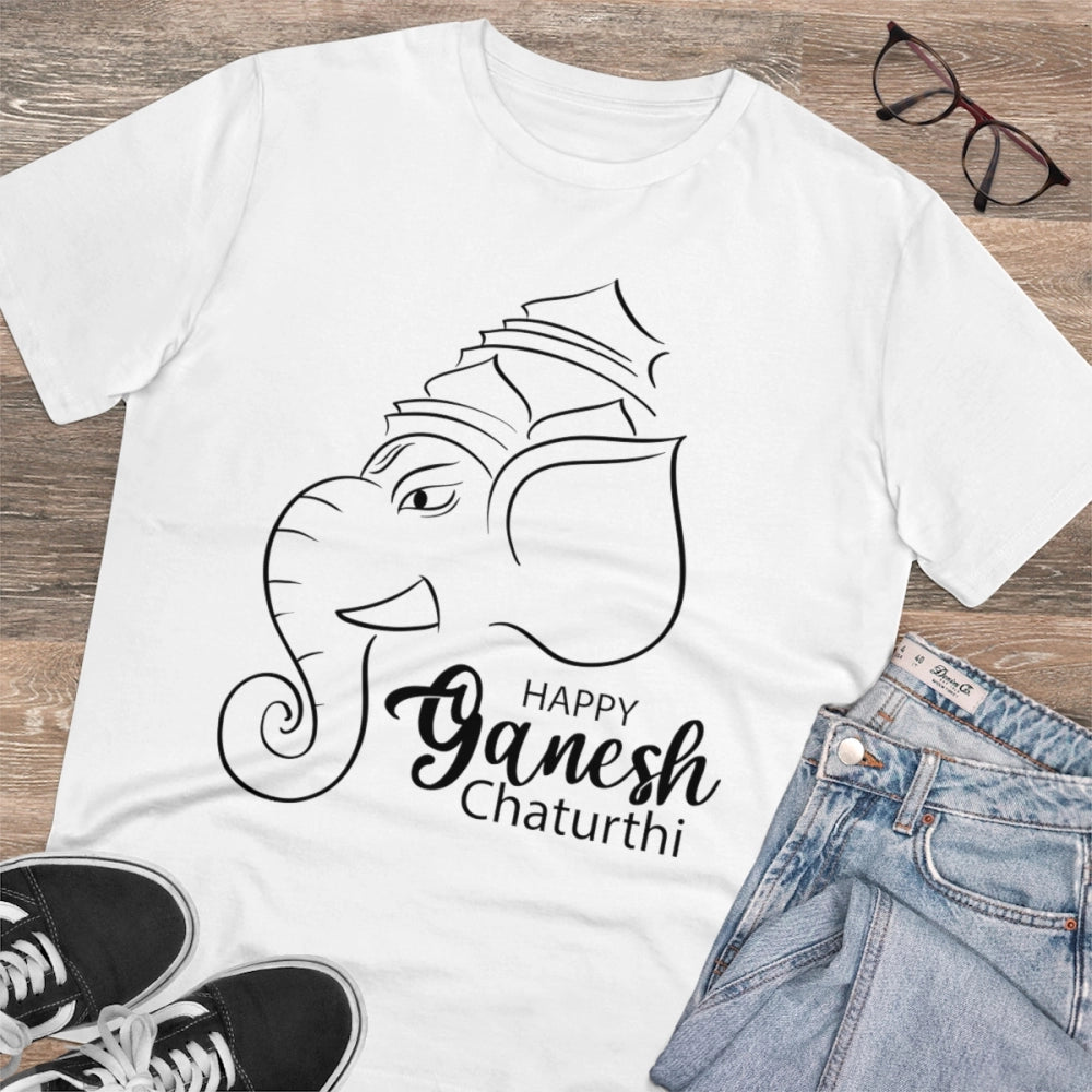 HamariDookan Men's PC Cotton Ganesh Printed T Shirt (Color: White, Thread Count: 180GSM)