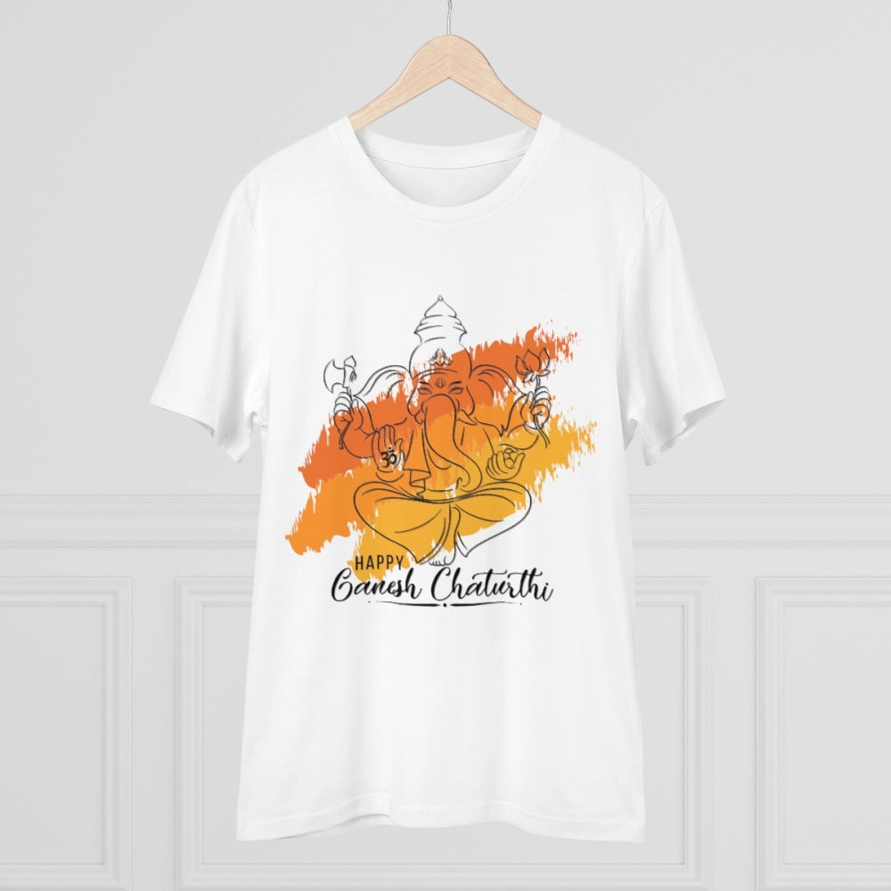 HamariDookan Men's PC Cotton Ganesh Printed T Shirt (Color: White, Thread Count: 180GSM)