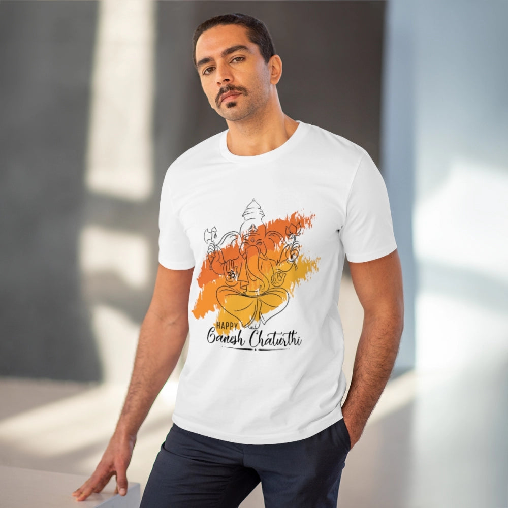 HamariDookan Men's PC Cotton Ganesh Printed T Shirt (Color: White, Thread Count: 180GSM)