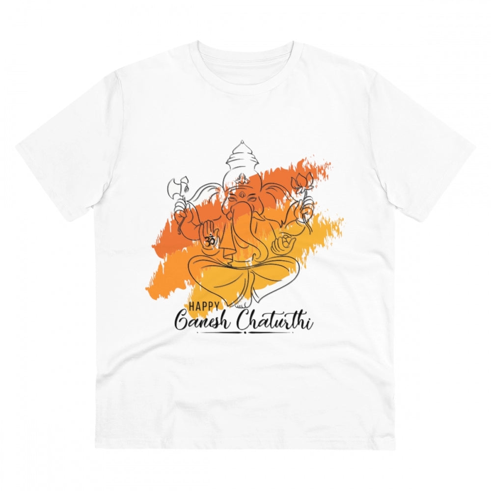 HamariDookan Men's PC Cotton Ganesh Printed T Shirt (Color: White, Thread Count: 180GSM)