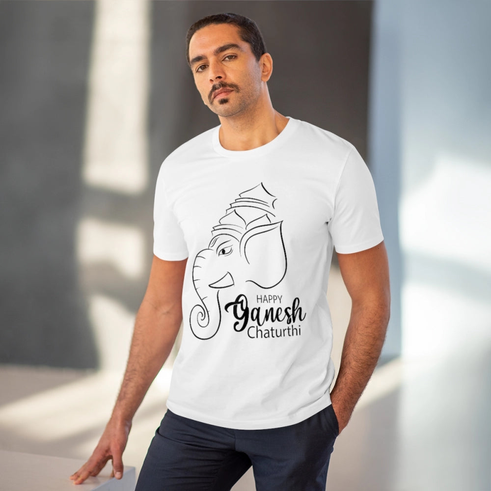 HamariDookan Men's PC Cotton Ganesh Printed T Shirt (Color: White, Thread Count: 180GSM)