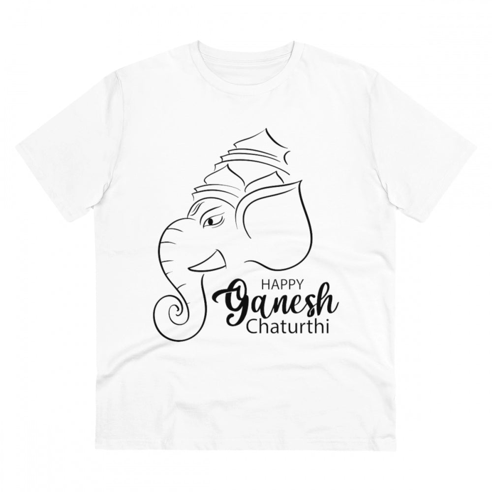 HamariDookan Men's PC Cotton Ganesh Printed T Shirt (Color: White, Thread Count: 180GSM)