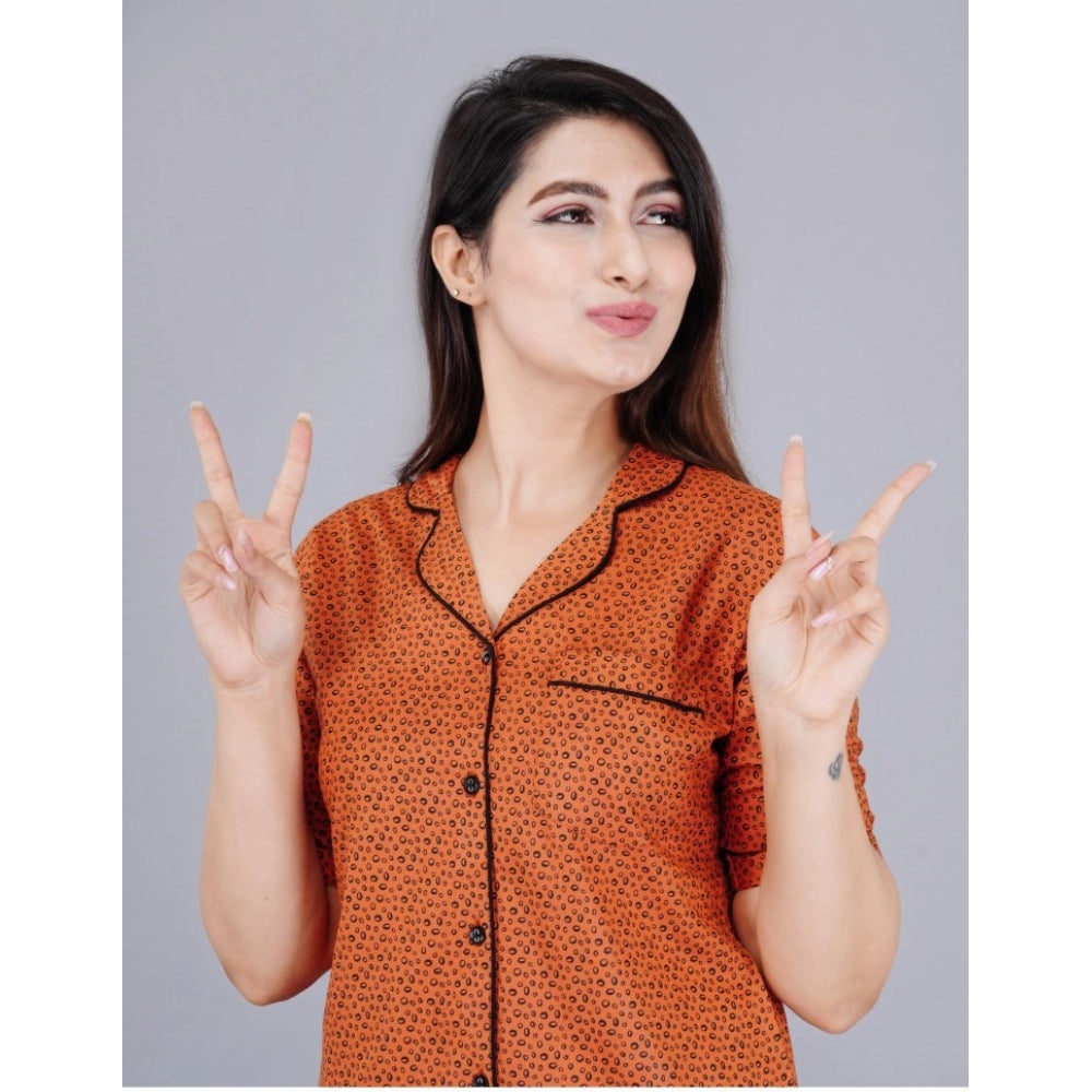 HD Women's Casual Half Sleeve Printed Viscose Rayon Shirt With Pyjama Pant Night Suit Set (Brown)