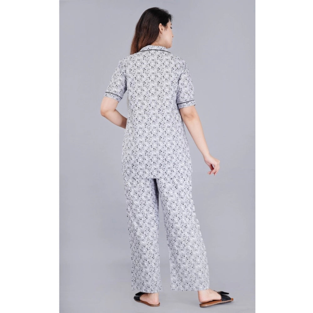 HD Women's Casual Half Sleeve Printed Viscose Rayon Shirt With Pyjama Pant Night Suit Set (Grey)