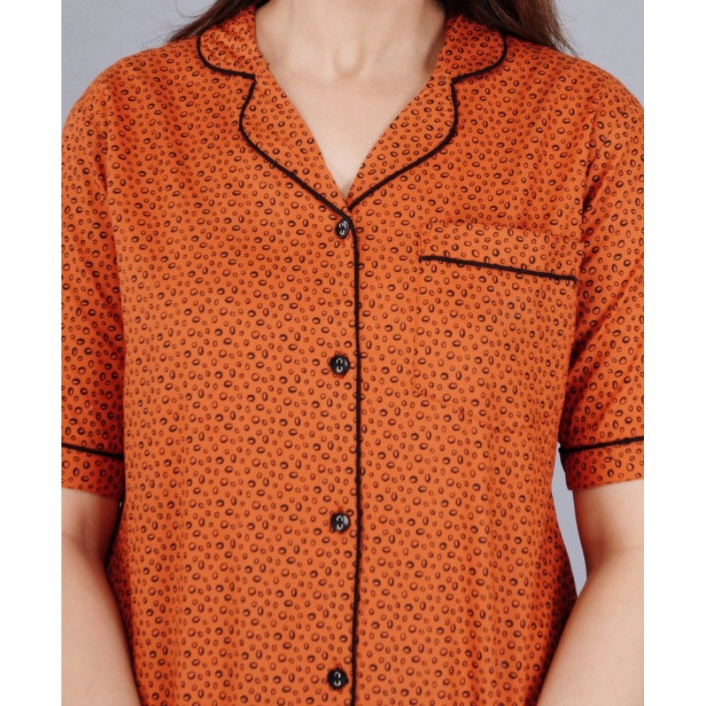 HD Women's Casual Half Sleeve Printed Viscose Rayon Shirt With Pyjama Pant Night Suit Set (Brown)