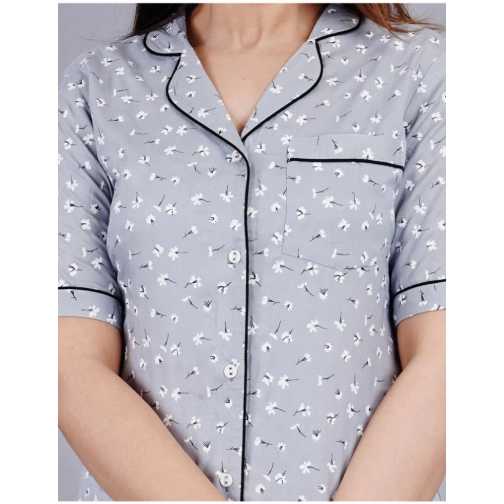 HD Women's Casual Half Sleeve Printed Viscose Rayon Shirt With Pyjama Pant Night Suit Set (Grey)