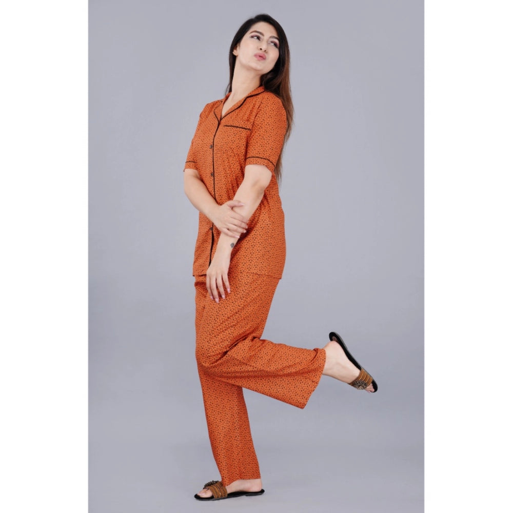 HD Women's Casual Half Sleeve Printed Viscose Rayon Shirt With Pyjama Pant Night Suit Set (Brown)