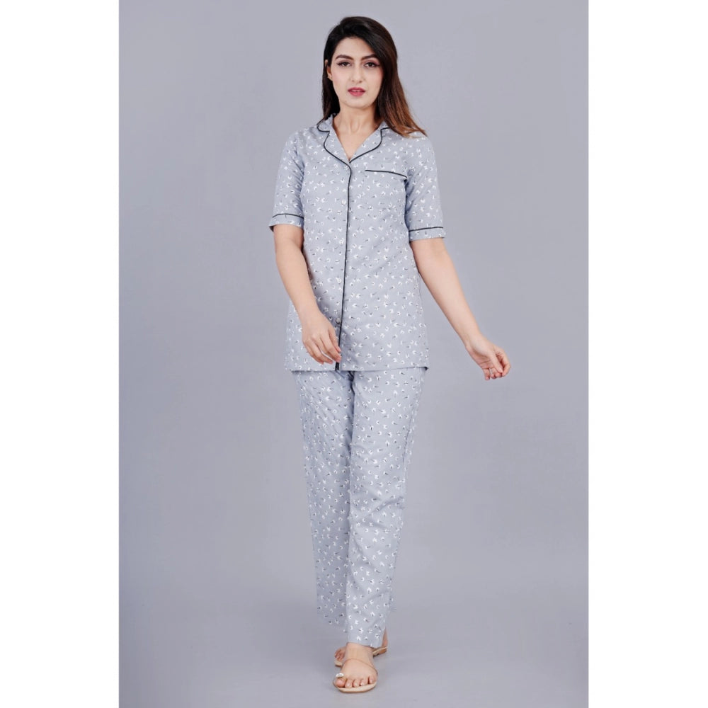 HD Women's Casual Half Sleeve Printed Viscose Rayon Shirt With Pyjama Pant Night Suit Set (Grey)
