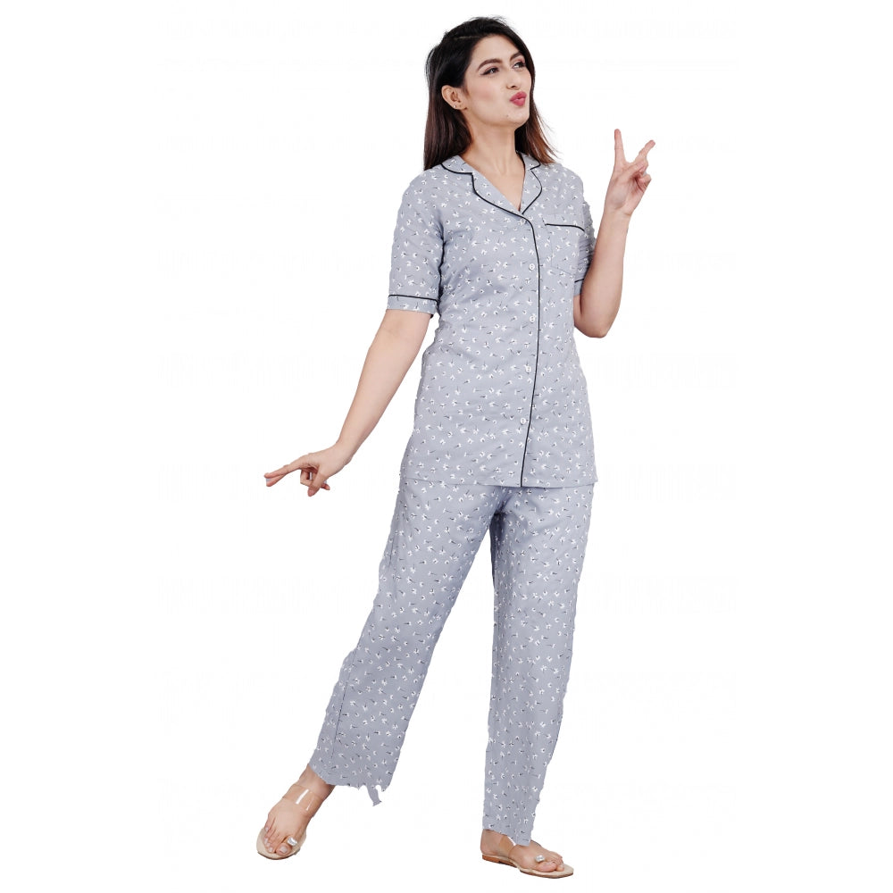 HD Women's Casual Half Sleeve Printed Viscose Rayon Shirt With Pyjama Pant Night Suit Set (Grey)