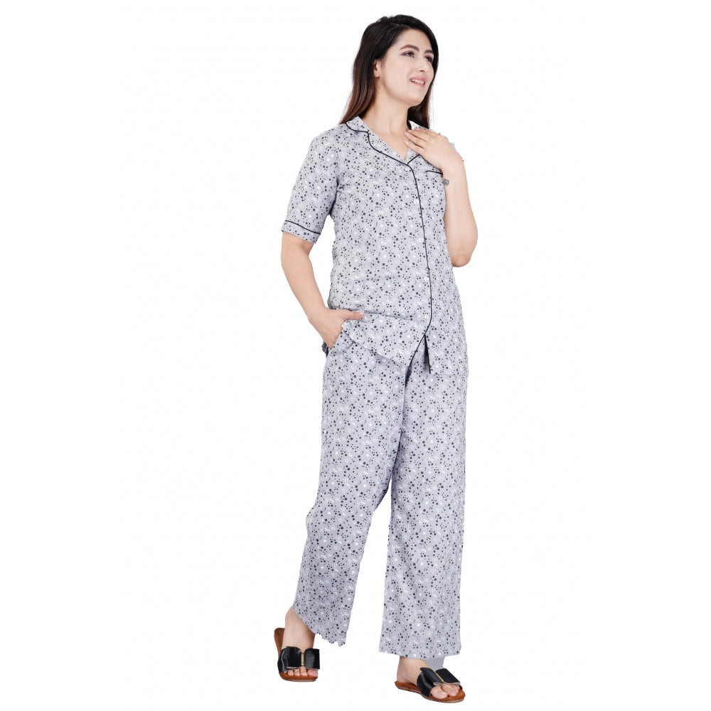 HD Women's Casual Half Sleeve Printed Viscose Rayon Shirt With Pyjama Pant Night Suit Set (Grey)