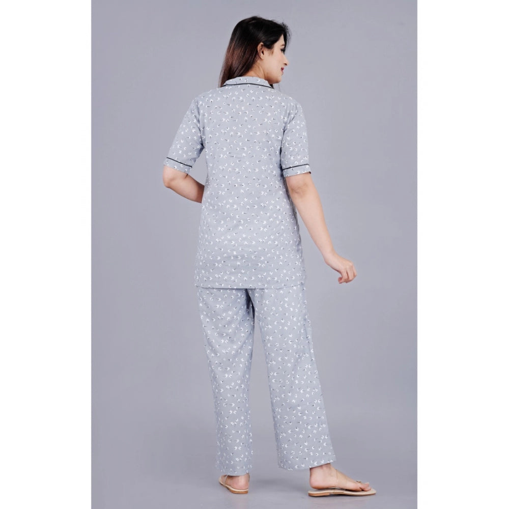 HD Women's Casual Half Sleeve Printed Viscose Rayon Shirt With Pyjama Pant Night Suit Set (Grey)