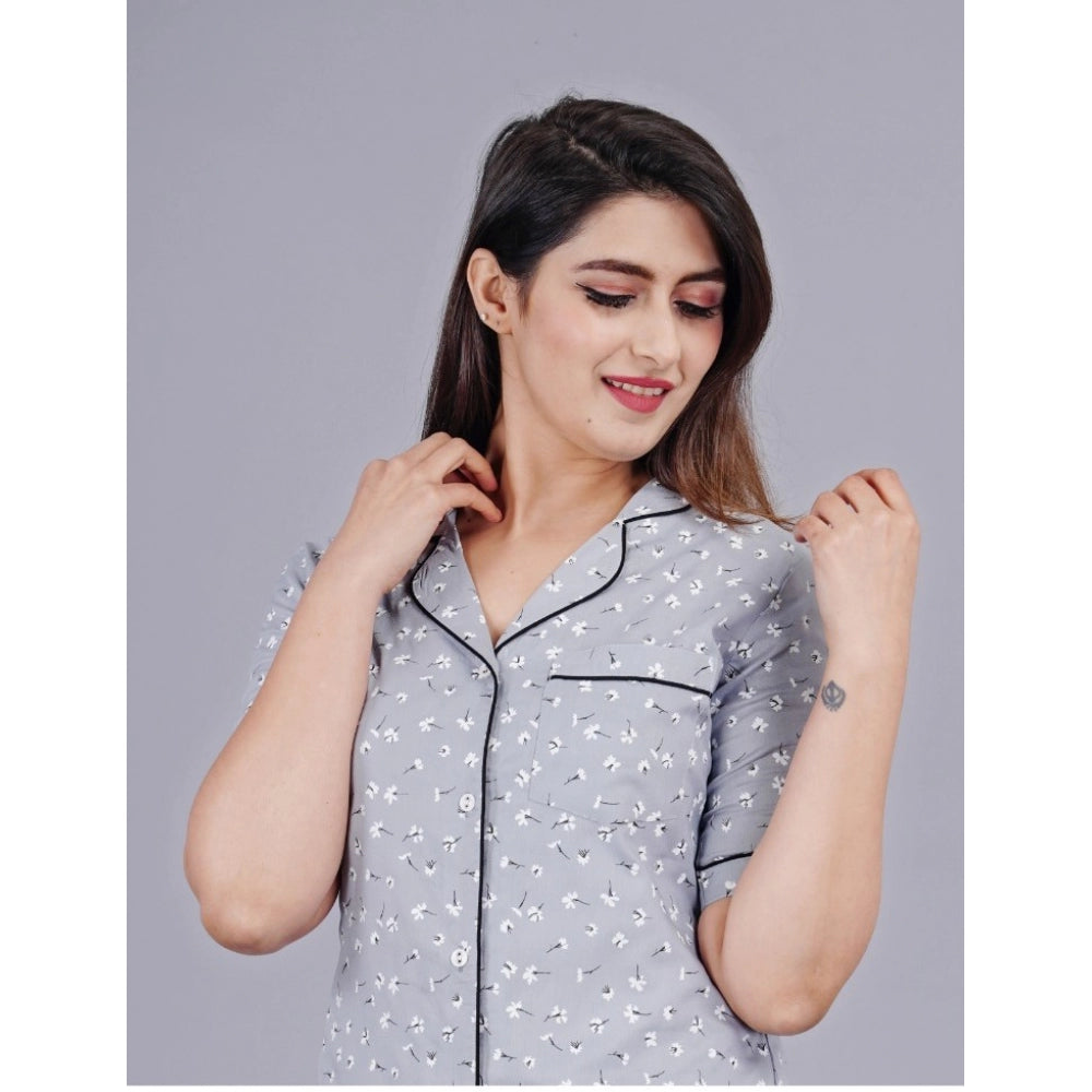 HD Women's Casual Half Sleeve Printed Viscose Rayon Shirt With Pyjama Pant Night Suit Set (Grey)