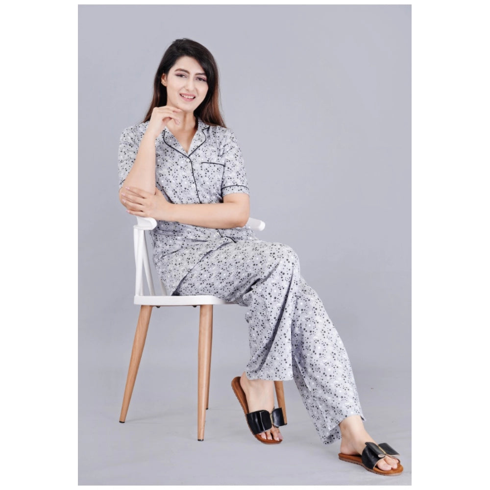 HD Women's Casual Half Sleeve Printed Viscose Rayon Shirt With Pyjama Pant Night Suit Set (Grey)