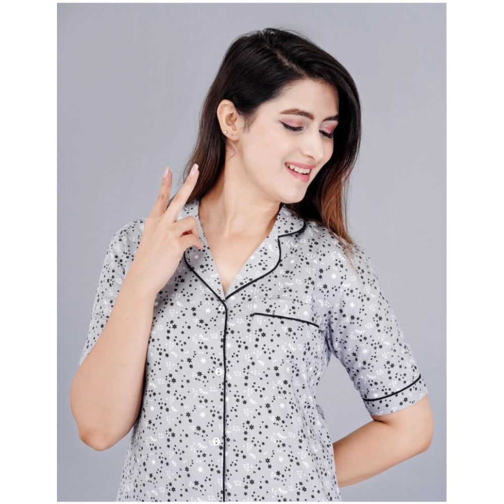 HD Women's Casual Half Sleeve Printed Viscose Rayon Shirt With Pyjama Pant Night Suit Set (Grey)