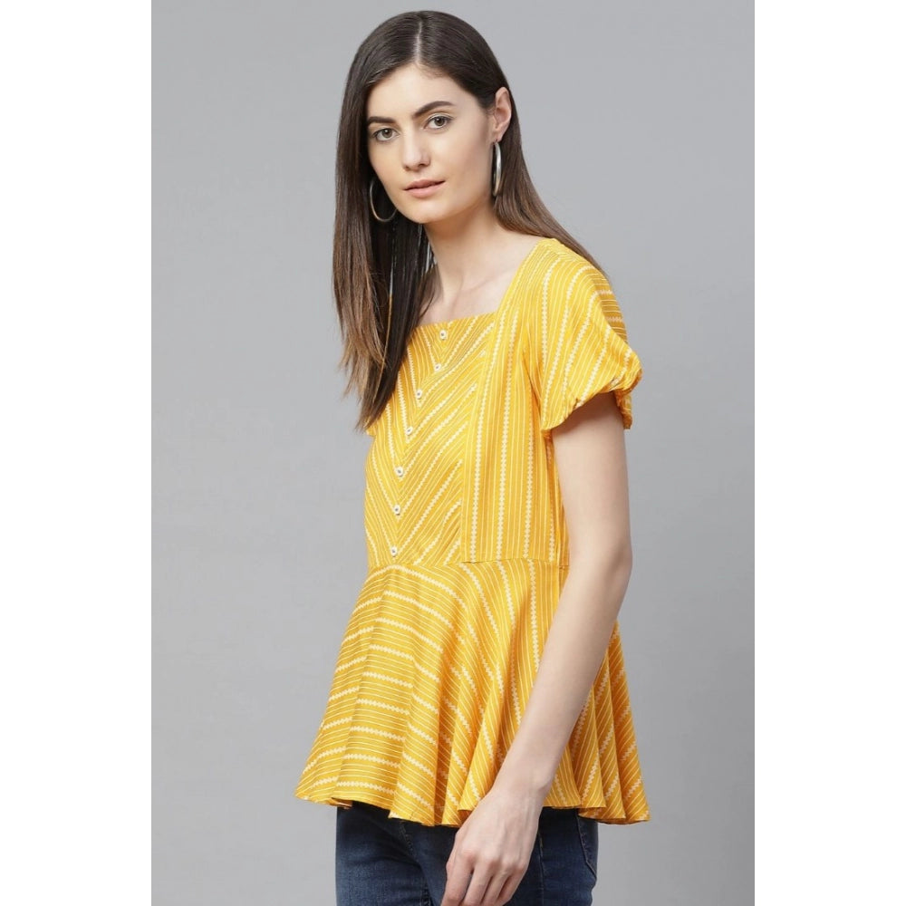 HD Women's Casual Short Sleeves Stripe Printed Rayon Top (Mustard)