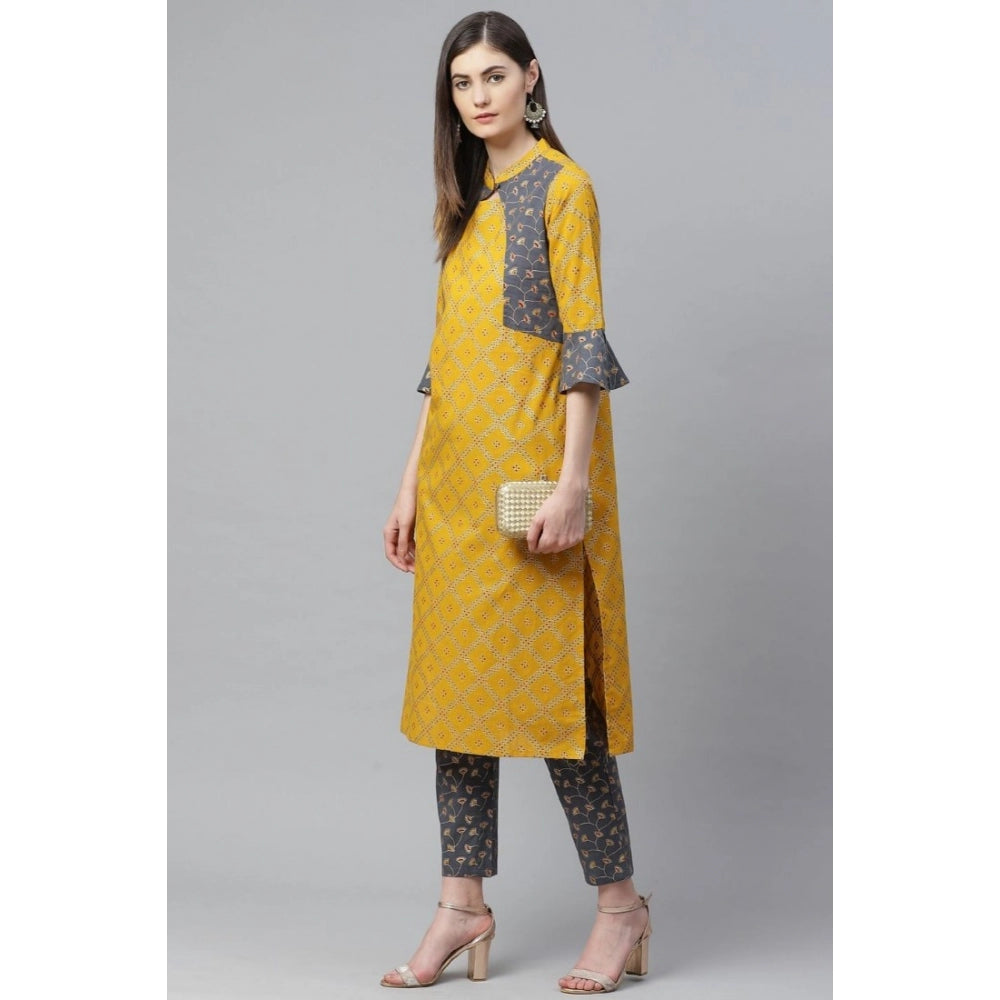 HD Women's Casual Bell Sleeves Geomatrical Printed Cotton Kurti Set (Yellow)