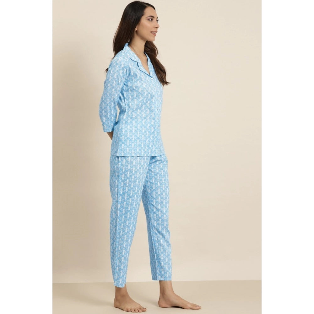 HD Women's Casual 3/4 th Sleeve Floral Printed Rayon Shirt With Pyjama Pant Night Suit Set (Blue)