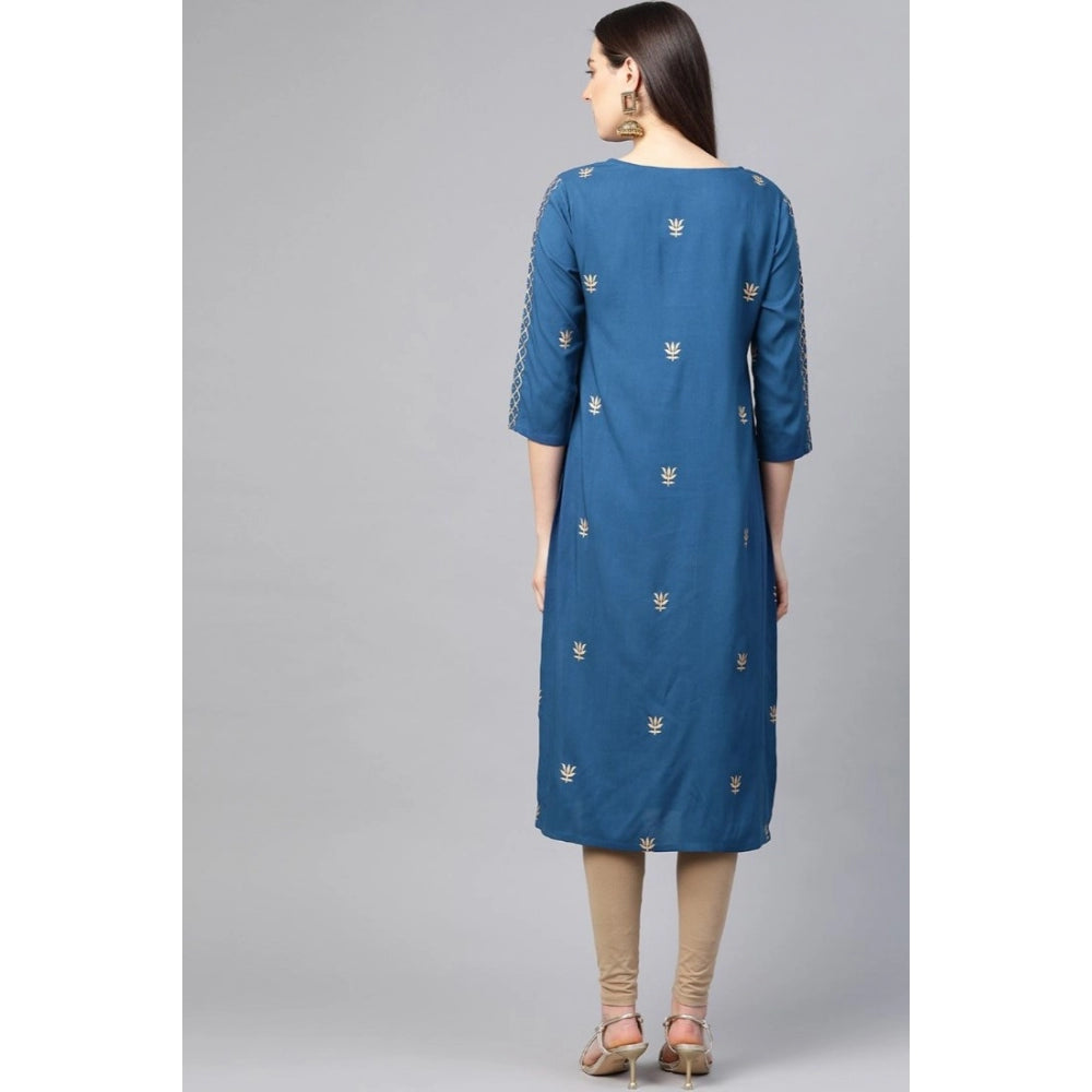 HD Women's Casual 3/4 th Sleeve Floral Printed Rayon Kurti (Blue)