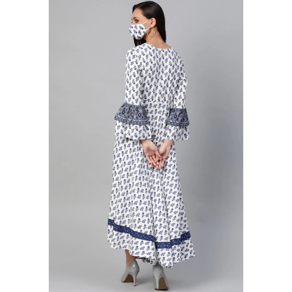 HD Women's Casual Bell Sleeve Floral Printed Rayon Dress (White &amp; Blue)
