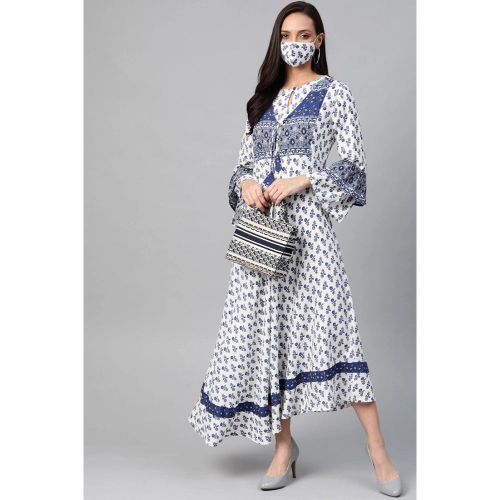 HD Women's Casual Bell Sleeve Floral Printed Rayon Dress (White &amp; Blue)