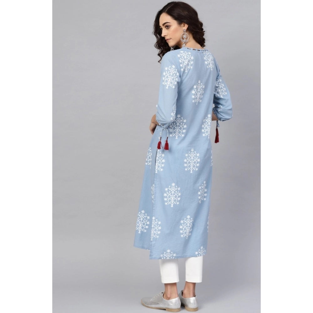 HD Women's Casual 3/4 th Sleeve Embroidery Cambric Cotton Kurti (Blue)