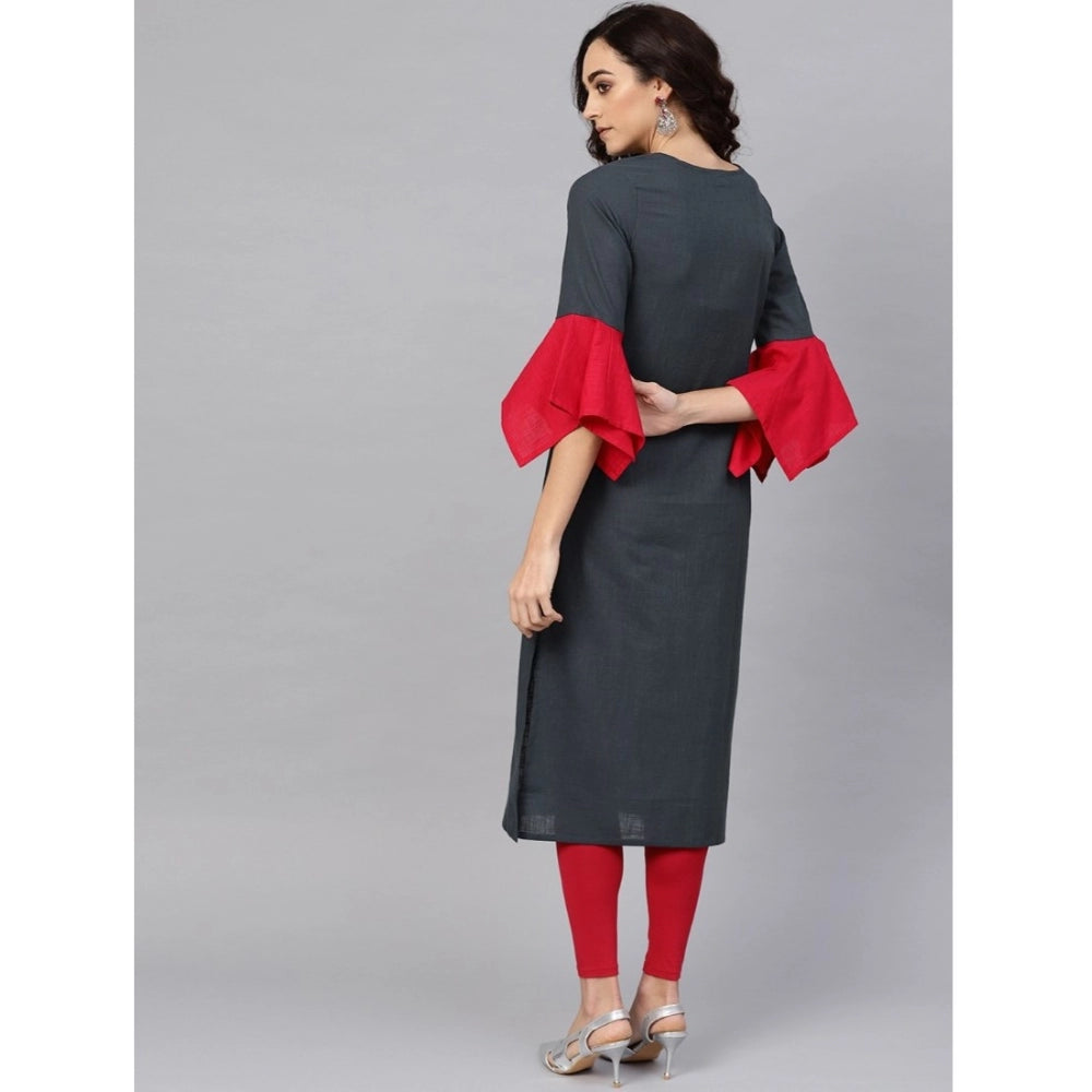 HD Women's Casual Bell Sleeves Mirror Work Cotton Slub Kurti (Grey)