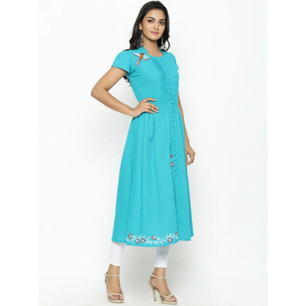 HD Women's Casual Short Sleeve Embroidery Cotton Slub Kurti (Torque Green)