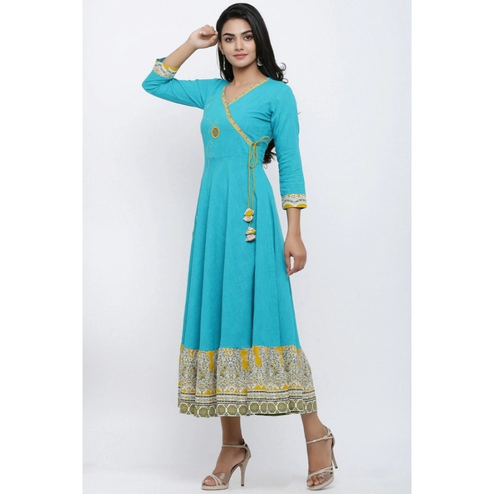 HD Women's Casual 3/4 th Sleeve Embroidery Cotton Blend Kurti (Torque Green)