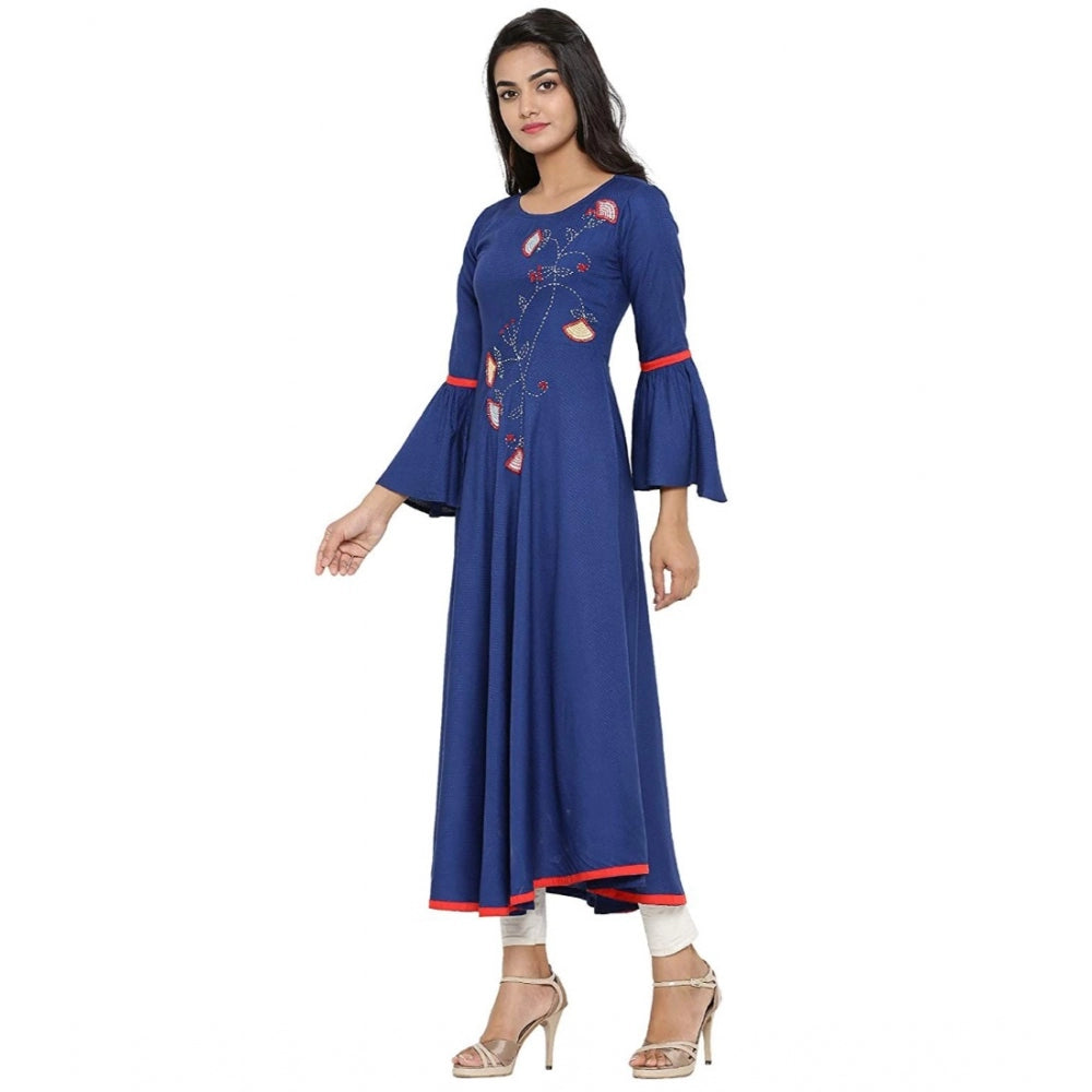HD Women's Casual Bell Sleeves Embroidery Rayon Kurti (Blue)