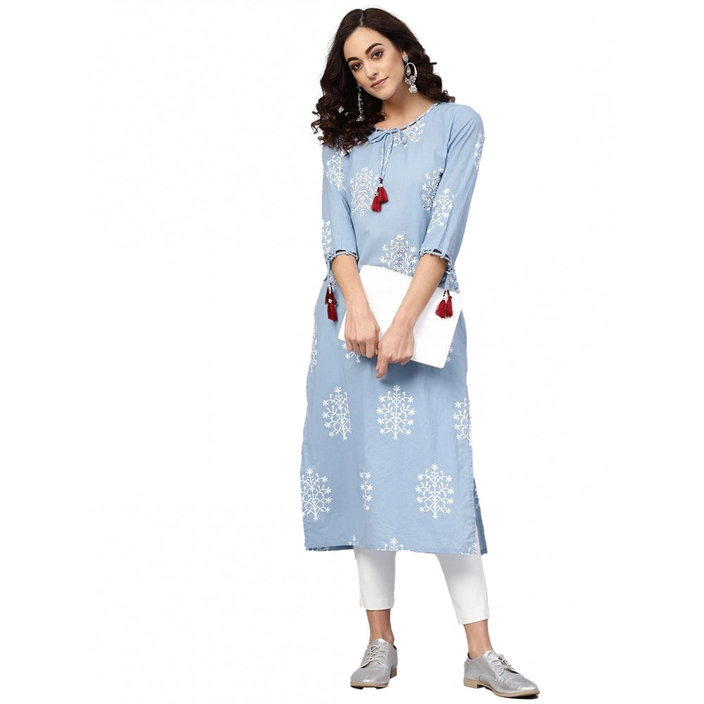 HD Women's Casual 3/4 th Sleeve Embroidery Cambric Cotton Kurti (Blue)