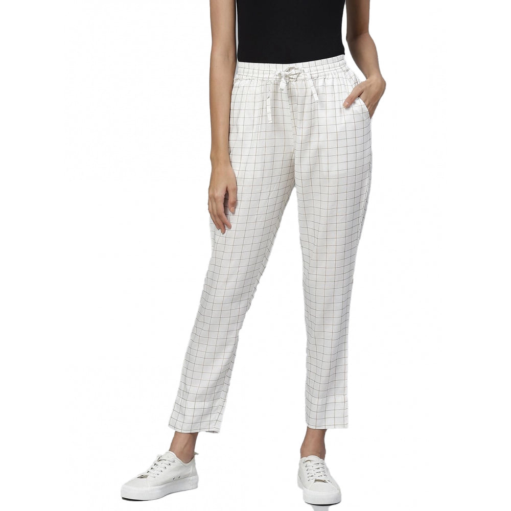 HD Women's Casual Checked Rayon Trouser Pant (White)