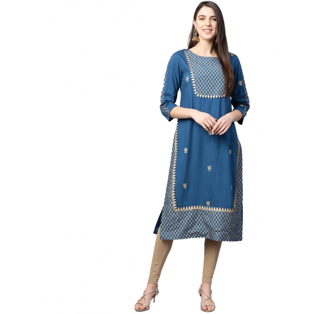 HD Women's Casual 3/4 th Sleeve Floral Printed Rayon Kurti (Blue)