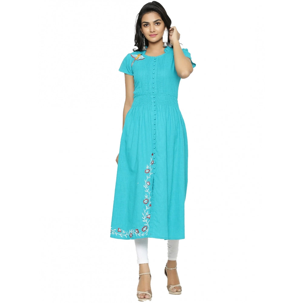 HD Women's Casual Short Sleeve Embroidery Cotton Slub Kurti (Torque Green)