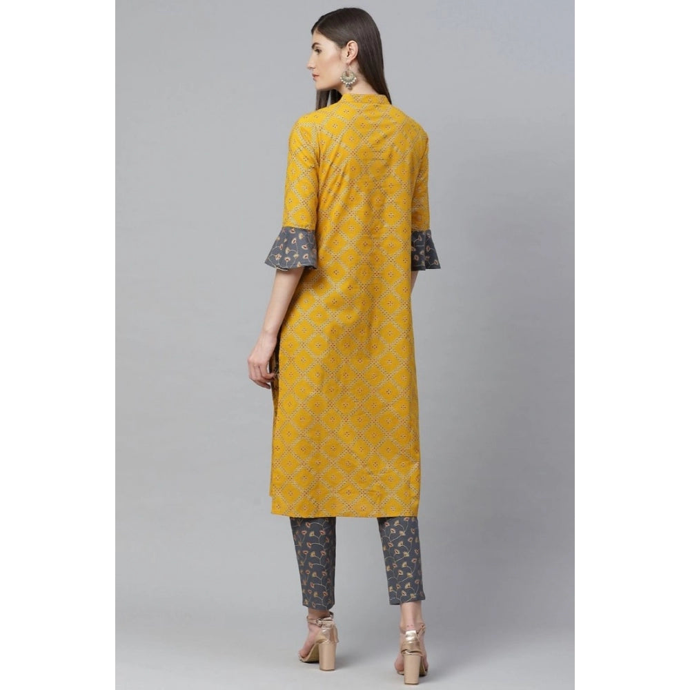 HD Women's Casual Bell Sleeves Geomatrical Printed Cotton Kurti Set (Yellow)