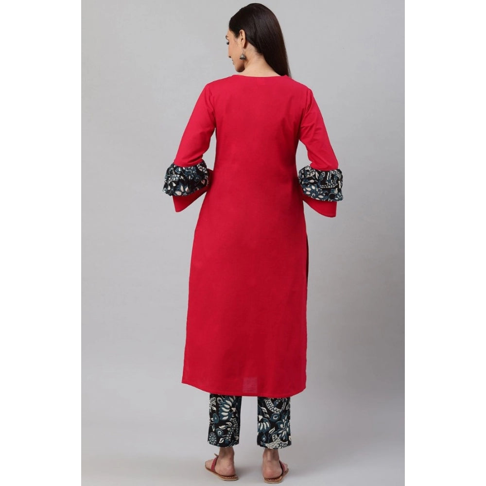 HD Women's Casual Bell Sleeves Floral Printed Cotton Kurti Set (Rani Pink)