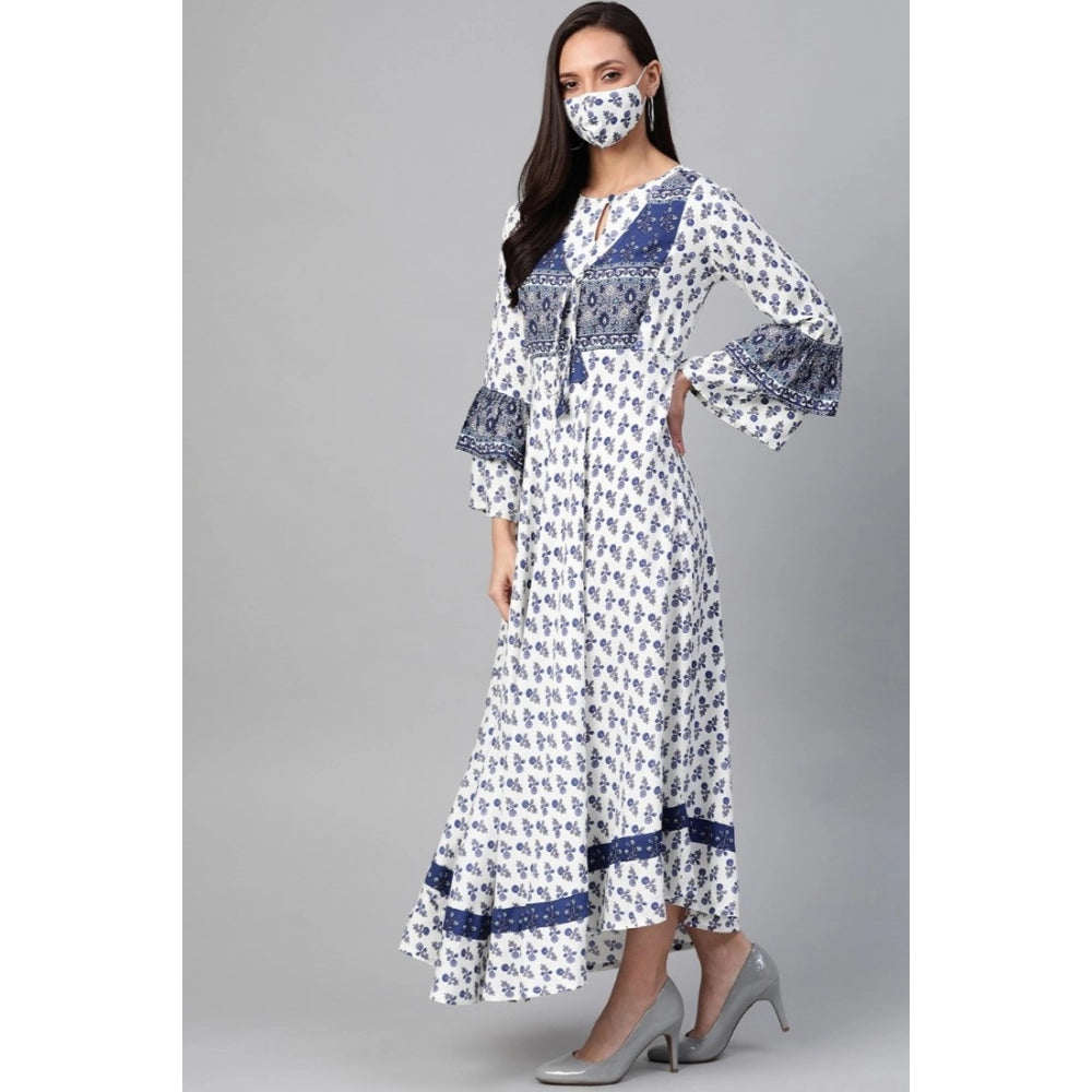 HD Women's Casual Bell Sleeve Floral Printed Rayon Dress (White &amp; Blue)