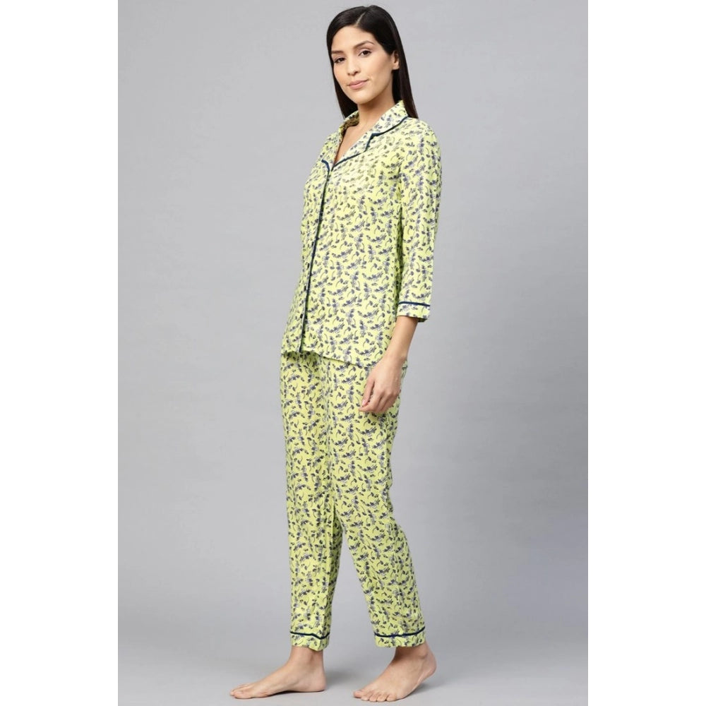 HD Women's Casual 3/4 Sleeve Floral Printed Rayon Shirt With Pyjama Pant Night Suit Set (Green)