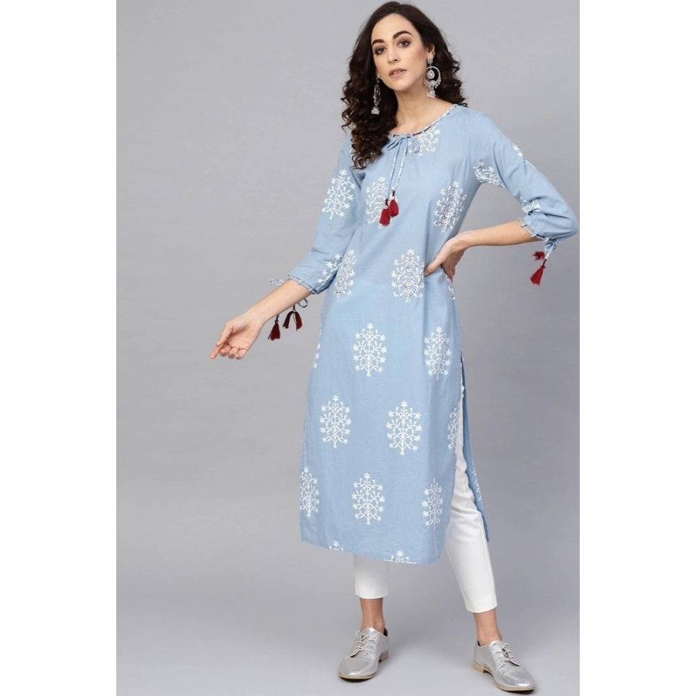 HD Women's Casual 3/4 th Sleeve Embroidery Cambric Cotton Kurti (Blue)