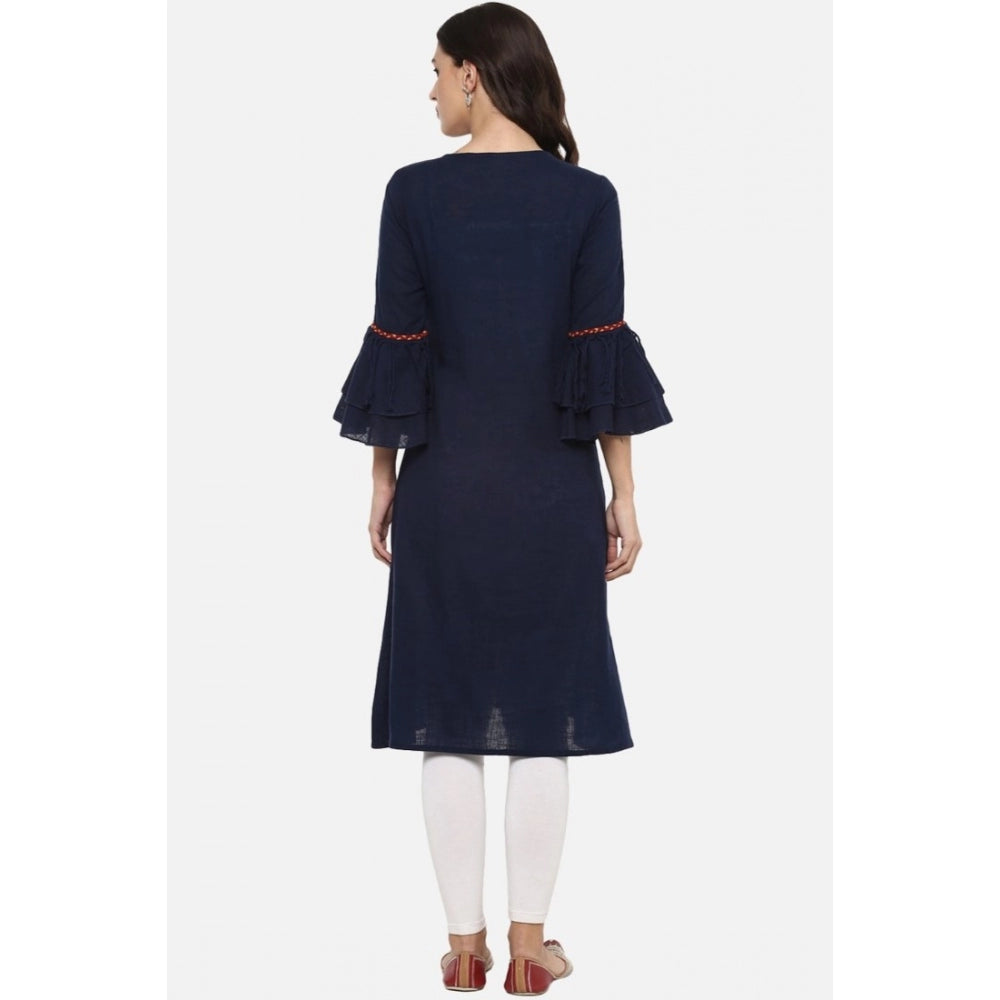 HD Women's Casual Bell Sleeves Solid Cotton Slub Kurti (Blue)