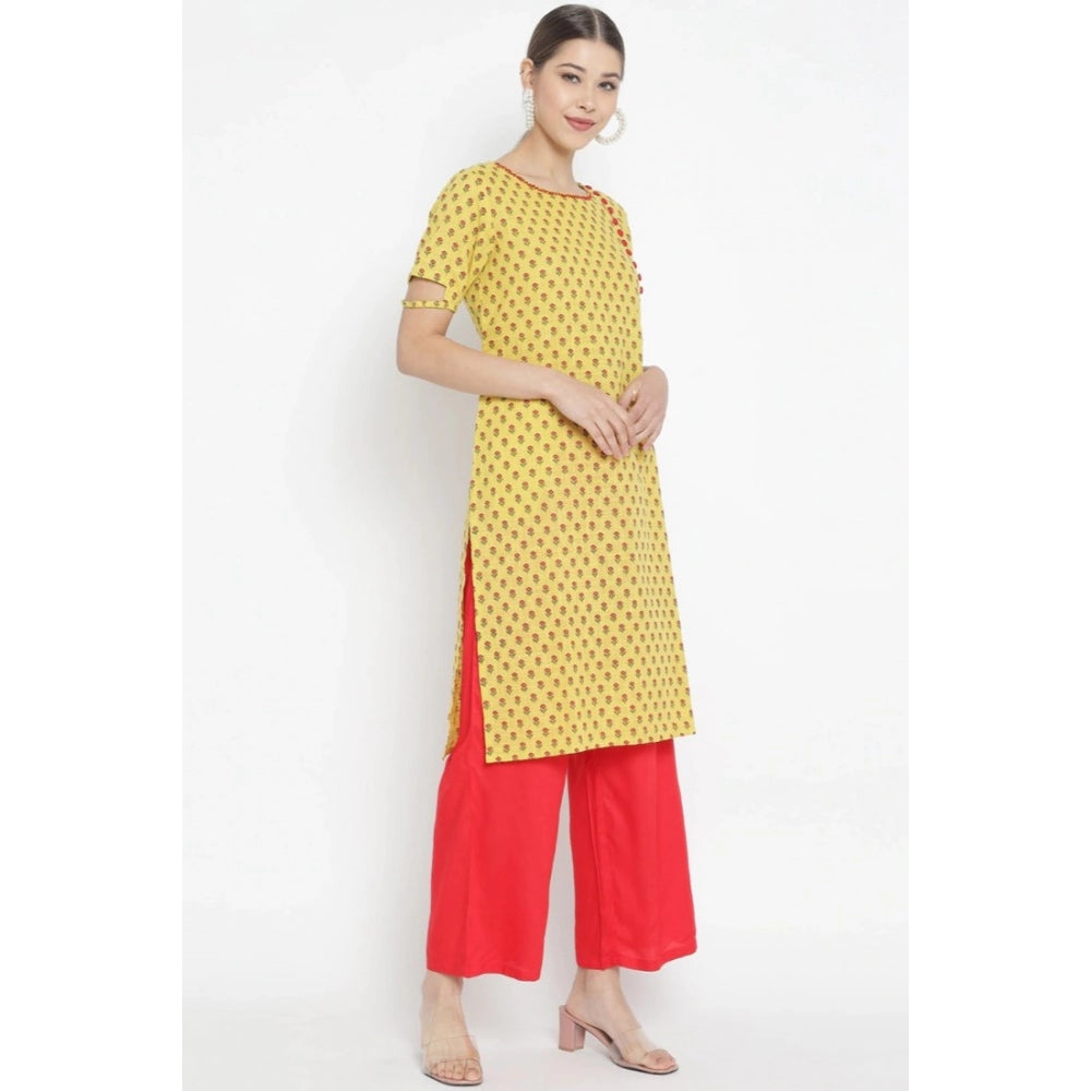 HD Women's Casual Short Sleeves Floral Printed Cotton &amp; Rayon Kurti Palazzo Set (Yellow &amp; Red)