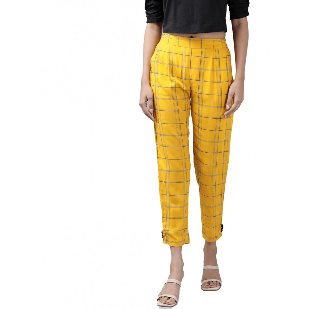 HD Women's Casual Checked Rayon Trouser Pant (Yellow)