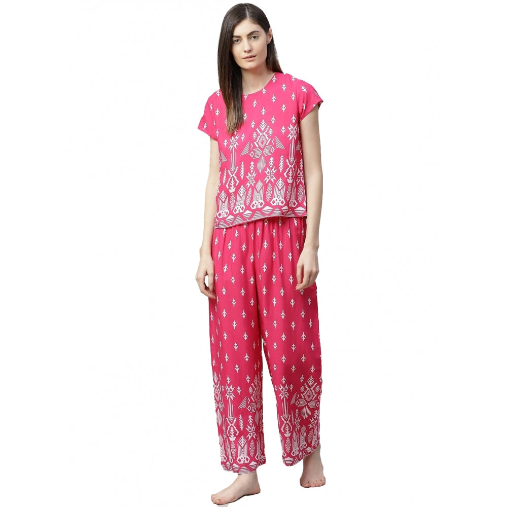 HD Women's Casual Short Sleeve Printed Rayon Pajama Set (Pink)