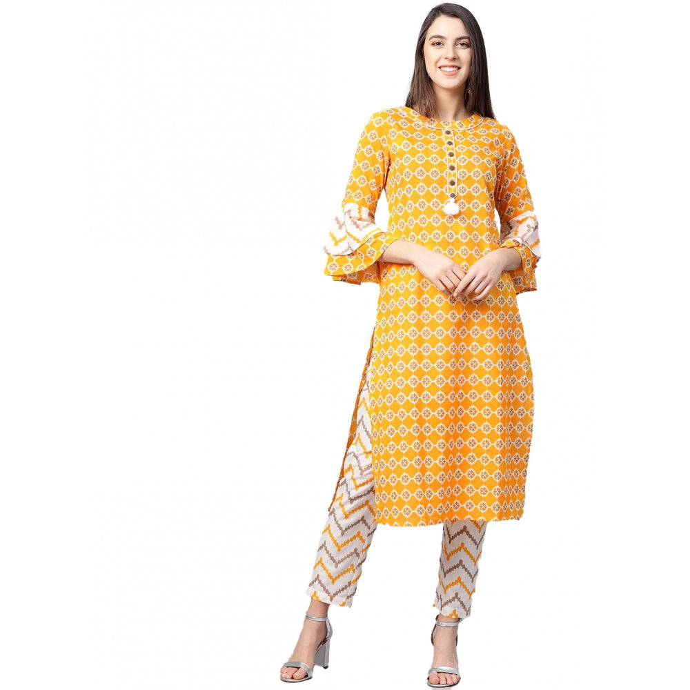 HD Women's Casual 3/4 th Sleeve Floral Printed Cotton Kurti Set (Mustard)
