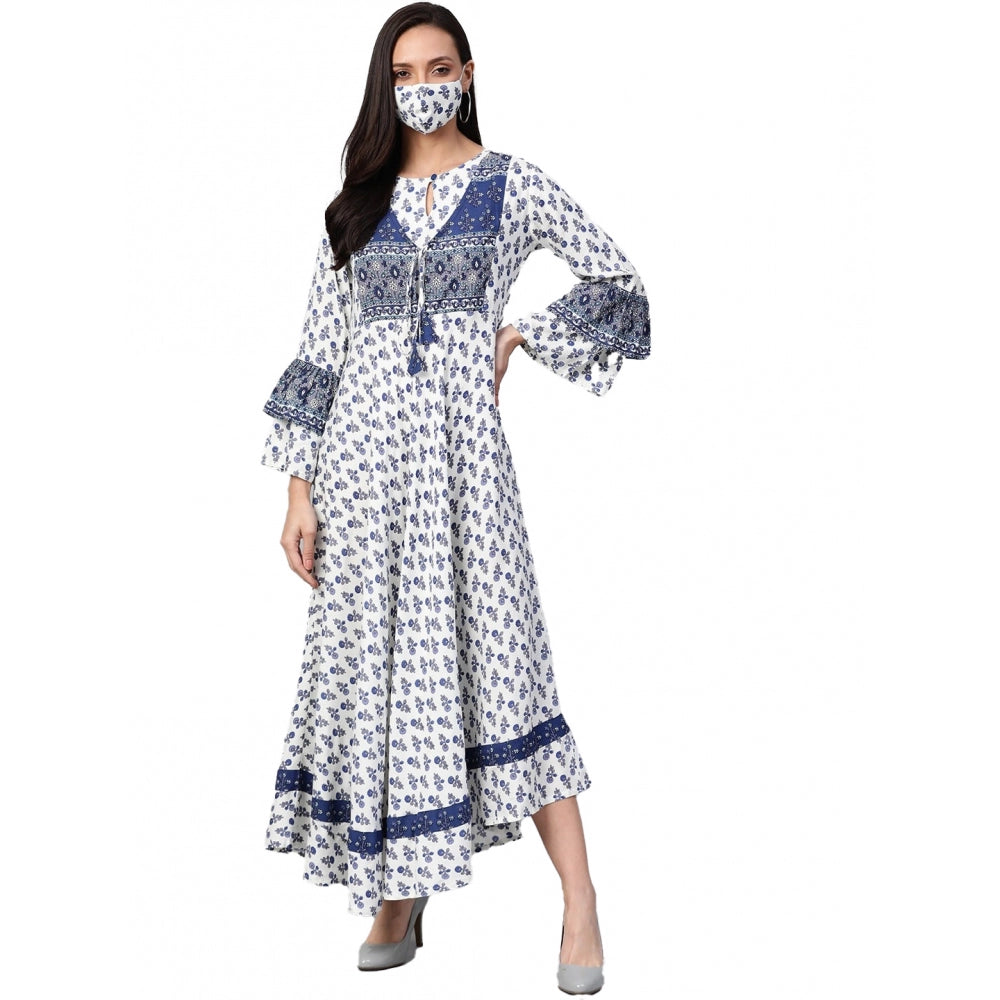 HD Women's Casual Bell Sleeve Floral Printed Rayon Dress (White &amp; Blue)