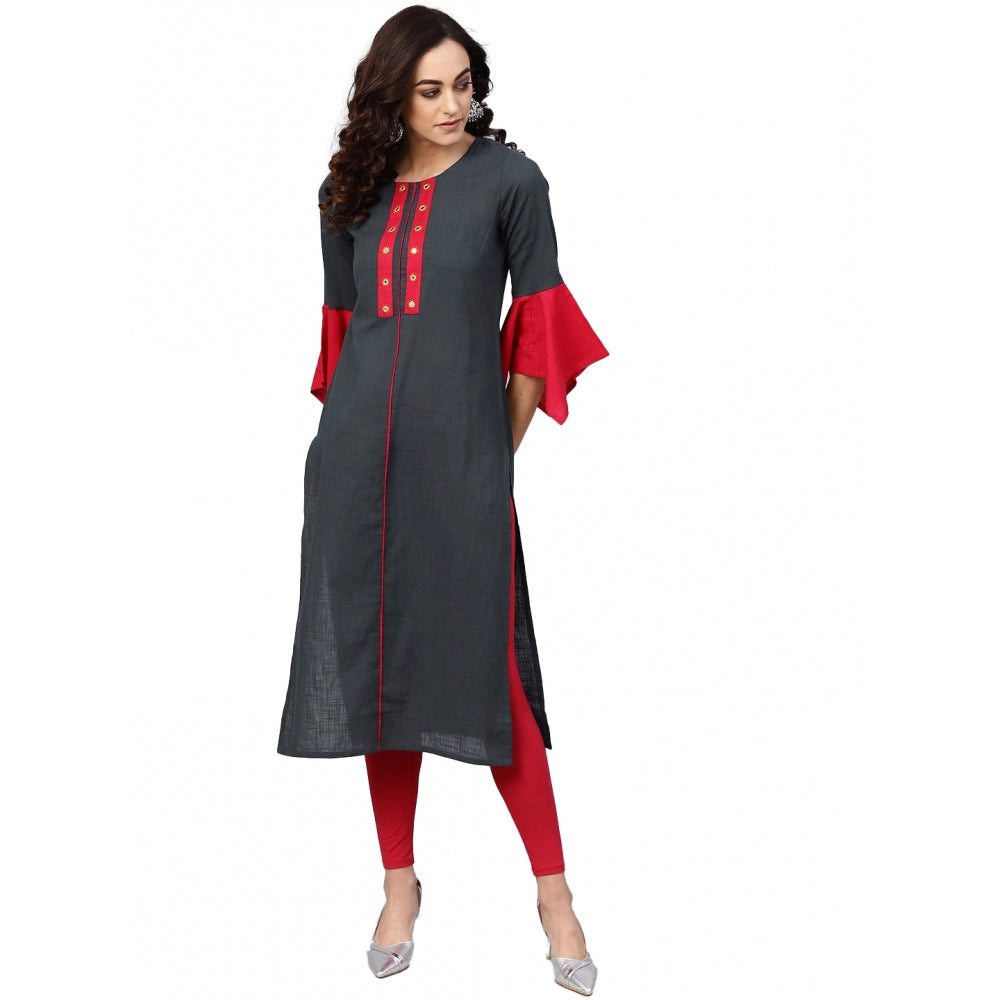 HD Women's Casual Bell Sleeves Mirror Work Cotton Slub Kurti (Grey)