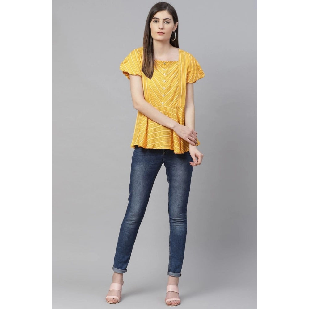 HD Women's Casual Short Sleeves Stripe Printed Rayon Top (Mustard)