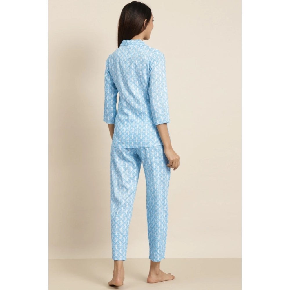 HD Women's Casual 3/4 th Sleeve Floral Printed Rayon Shirt With Pyjama Pant Night Suit Set (Blue)