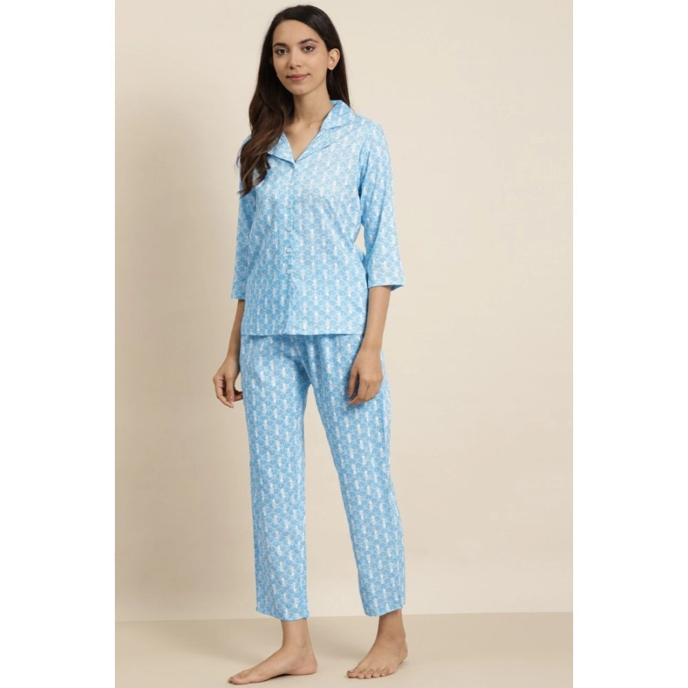 HD Women's Casual 3/4 th Sleeve Floral Printed Rayon Shirt With Pyjama Pant Night Suit Set (Blue)