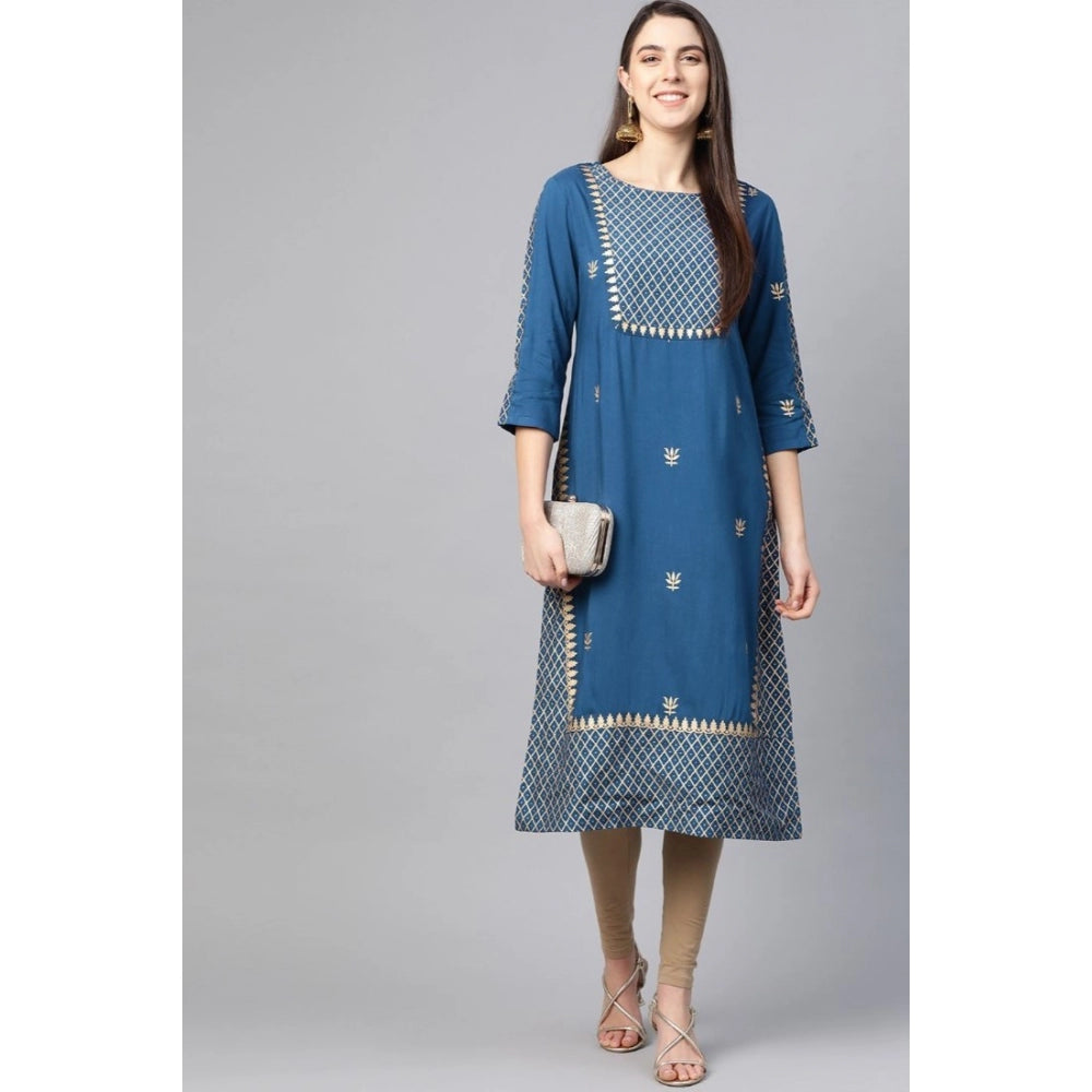 HD Women's Casual 3/4 th Sleeve Floral Printed Rayon Kurti (Blue)